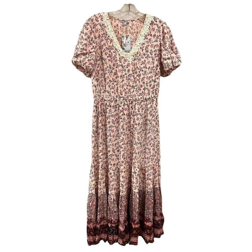 NWT Nostalgia Tiered Floral Midi Dress Beige Pink Brown Rayon Lace Boho Sz L